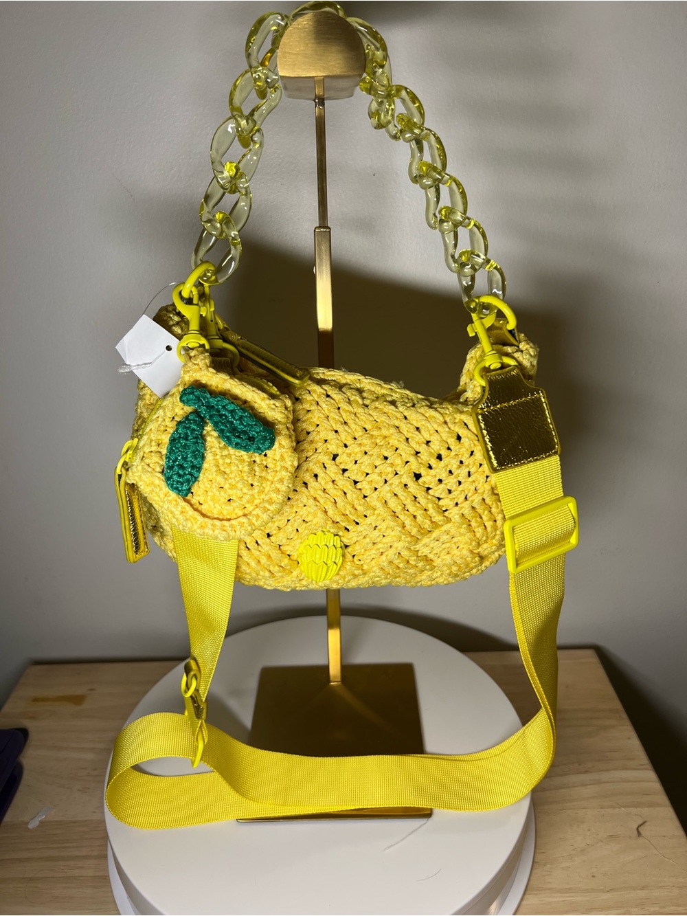 Kurt Geiger Yellow Crochet Shoulder Bag with Lemon Charm NWT